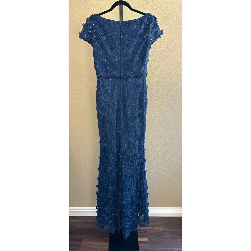 MAC DUGGAL FLORAL APPLIQUE BOAT NECK SHORT SLEEVE GOWN 67711 MIDNIGHT BLUE SIZE